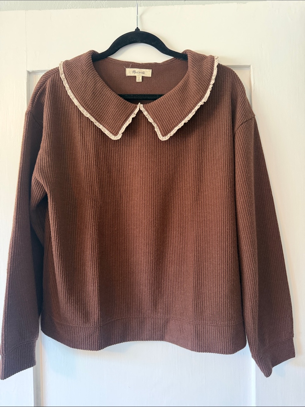 Madewell MBrown Ribbed Lace Trim Ruffle Peter Pan Collar Long Sleeve Sweater Top